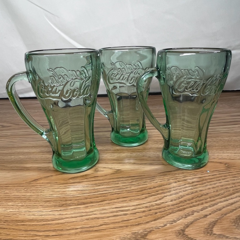 Coca-Cola Glass Mug‎ Set of 3 Georgia Green Embossed 6in Retro Soda Fountain